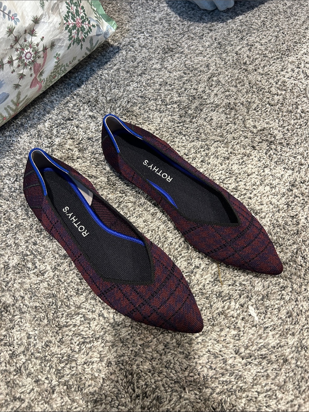 Rothy's Burgundy Plaid Pointed Knit Flats with Blue Trim